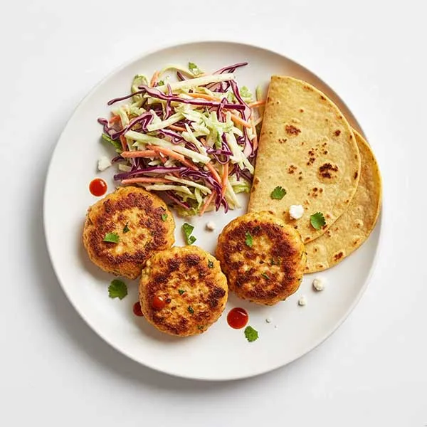 Buffalo Chicken Grilled Mini Patties With Peppered Slaw & Tortilla
